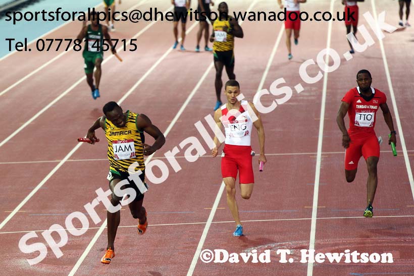 Usain Bold takes Jamaica to victory in the 4 x 100 metres at the Commonwealth Games, Glasgow. Photo: David T. Hewitson/Sports for All Pics